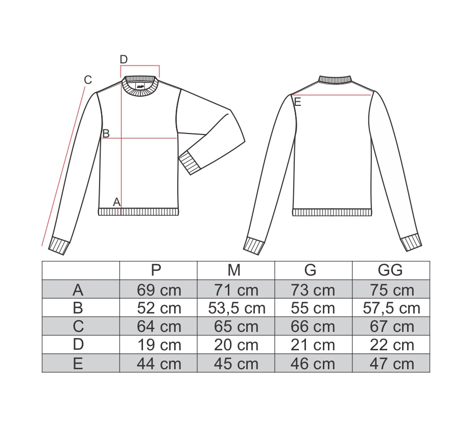 Tabela de medidas do moletom de plush