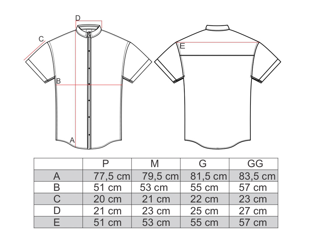 Tabela de medidas camisa manga curta