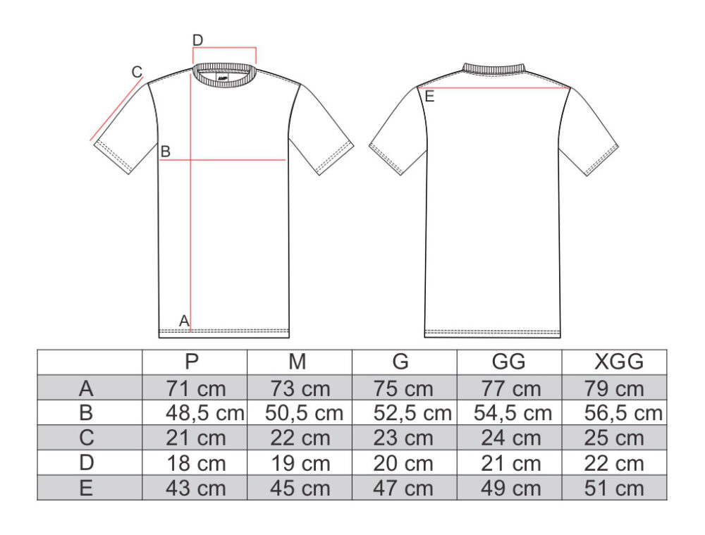 Tabela de medidas para a camiseta estampada em meia malha mescla da AMP