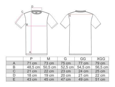 Tabela de medidas para a camiseta estampada em meia malha mescla da AMP