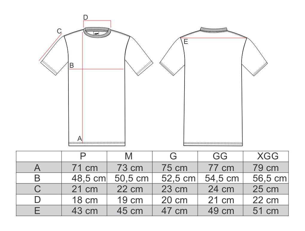 Tabela de medidas para a camiseta estampada em meia malha mescla da AMP