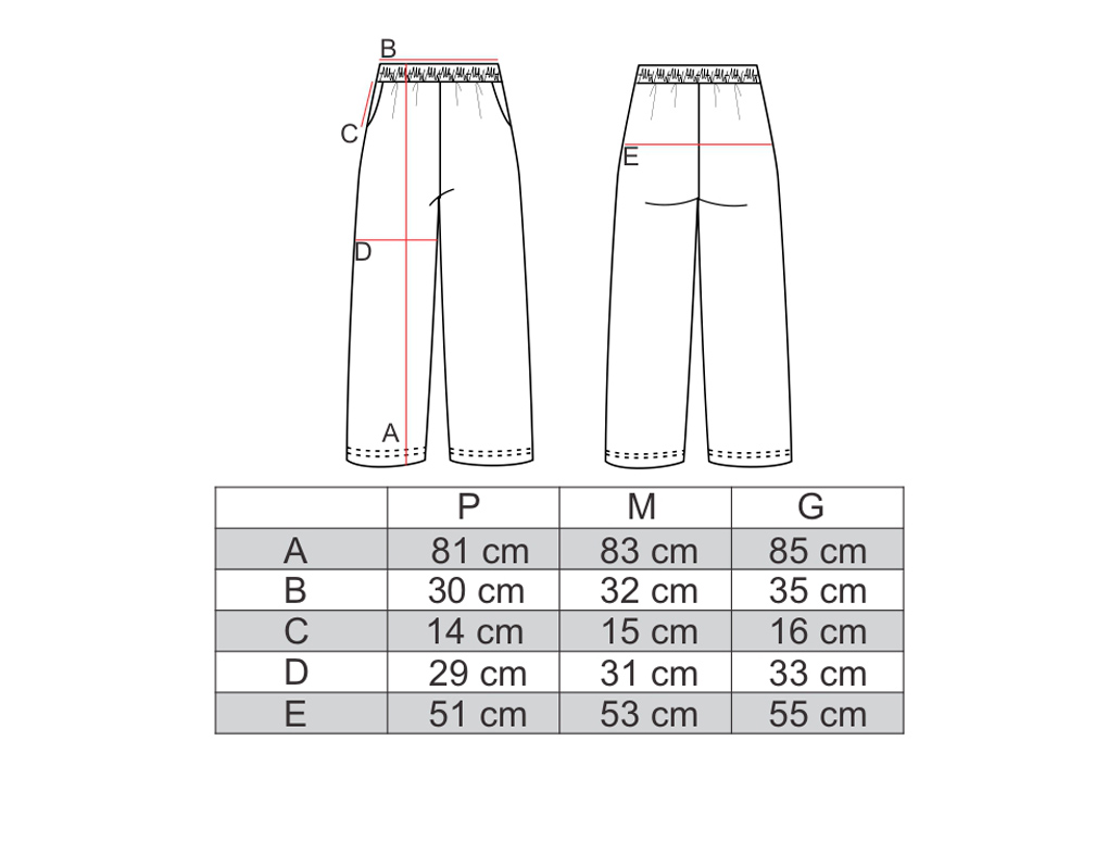 Tabela de medidas para a calça pantacourt AMP