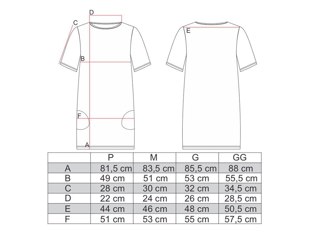 Tabela de medidas vestido curto dois bolsos em viscose AMP