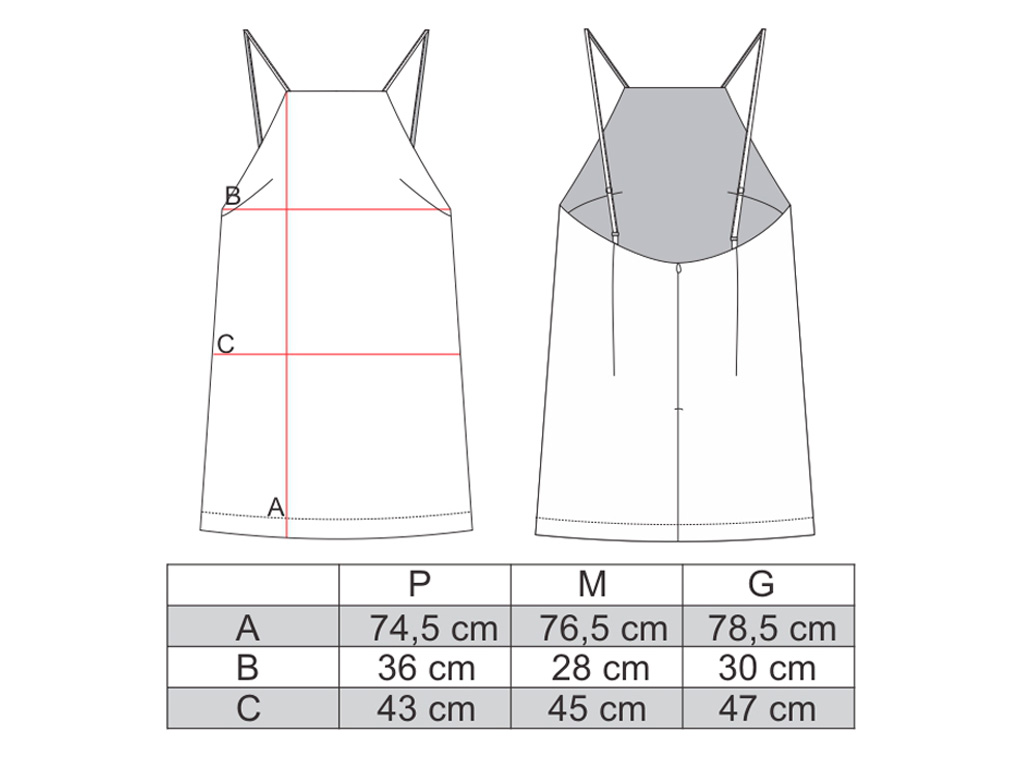 Tabela de medidas vestido de alcinha listrado diagonal azul em viscose AMP