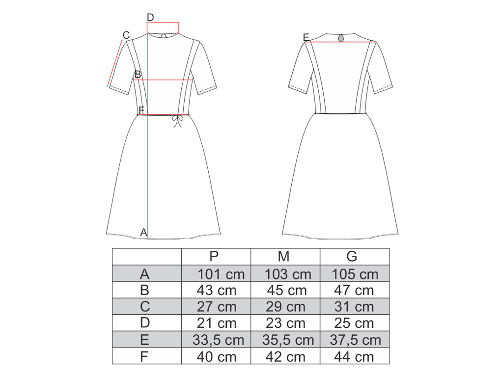 Tabela de medidas vestido evasê listrado diagonal azul em viscose AMP