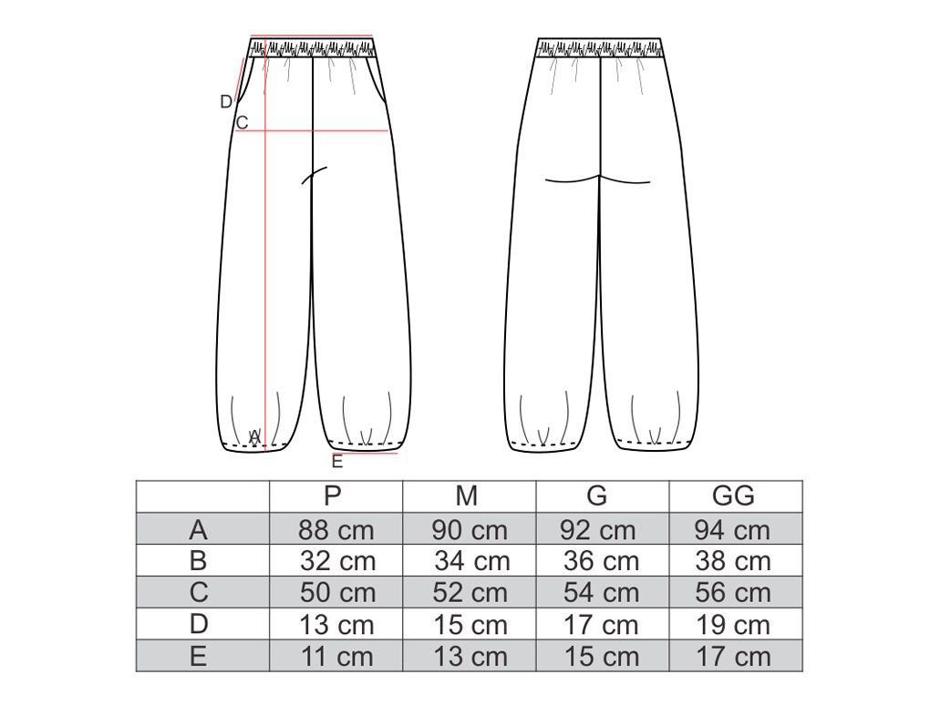 Tabela de medidas para a calça jogger de nylon