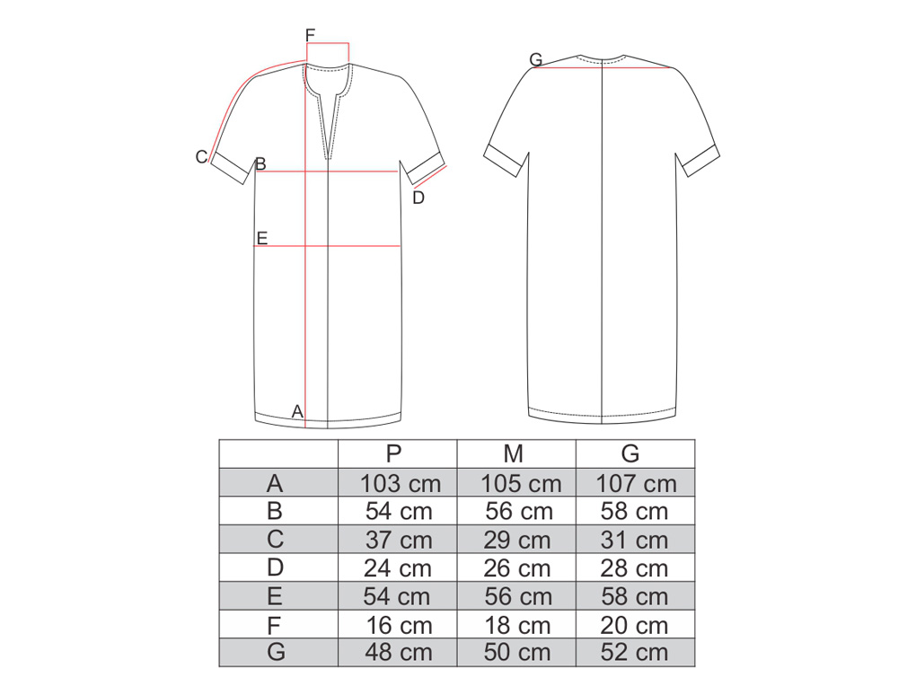 Tabela de medidas para a túnica estampada AMP
