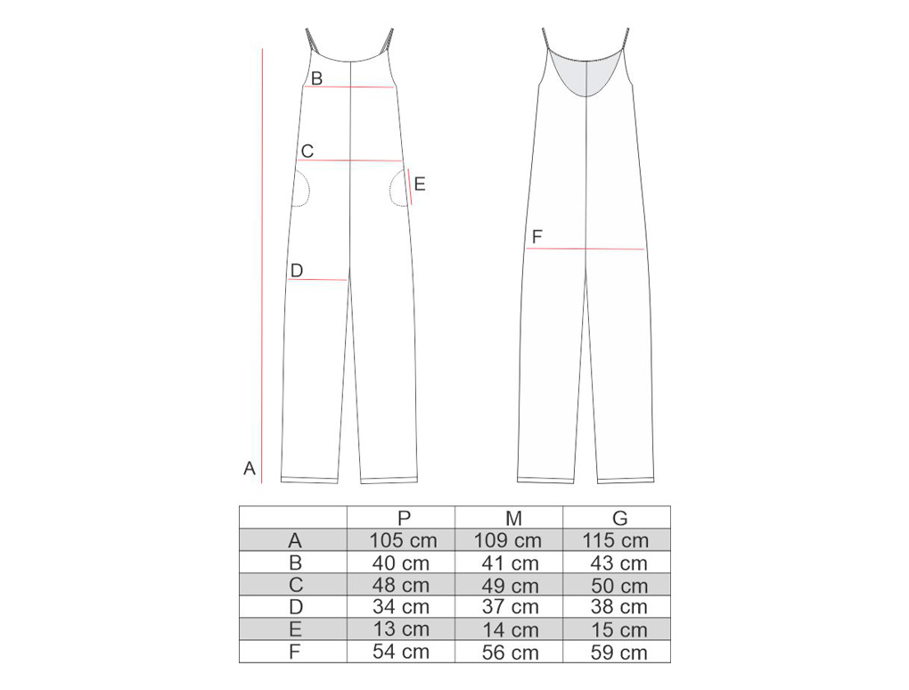 Tabela de medidas do macacão amplo