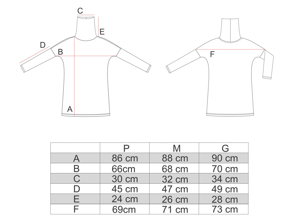 Tabela de medidas do vestido gola alta manga longa AMP