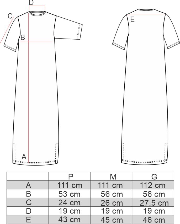Tabela de medidas do vestido camiseta