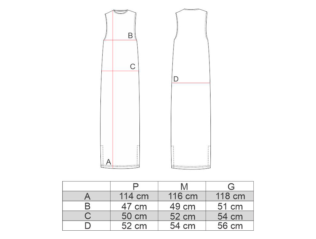 Tabela de medidas do vestido regatão AMP