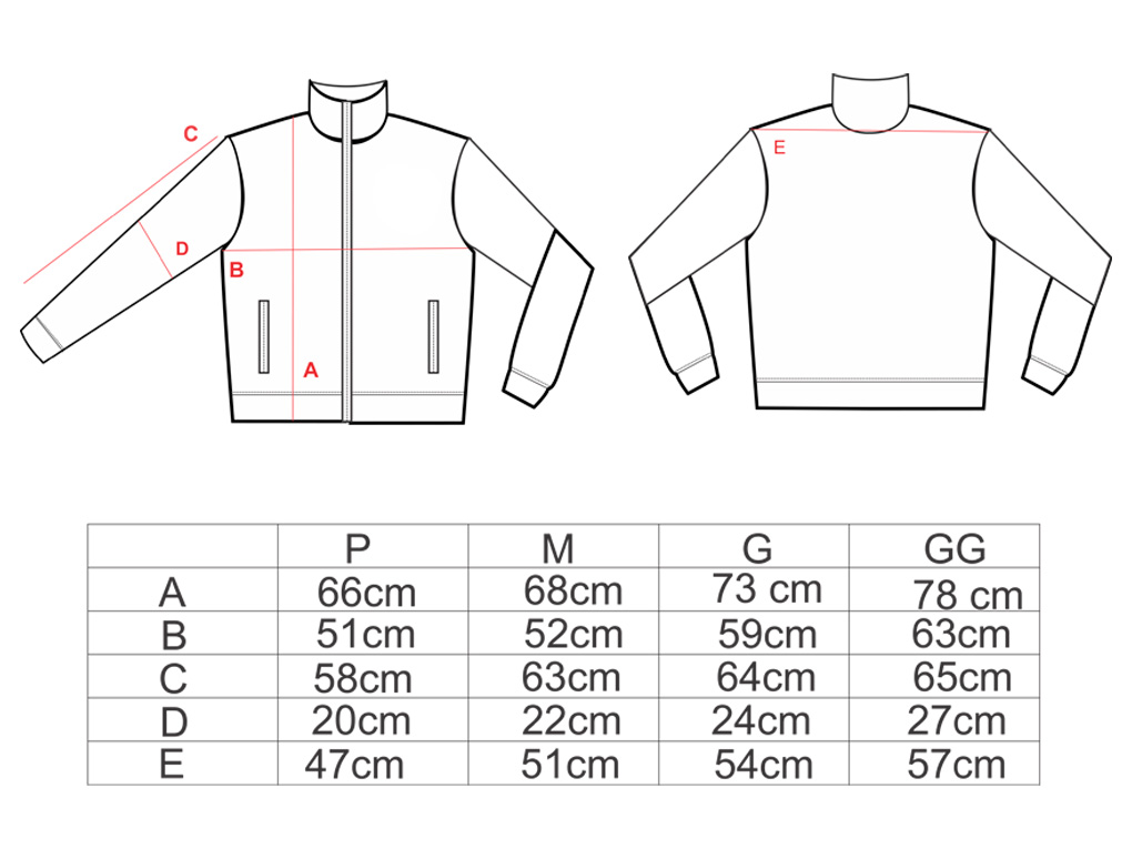 Tabela de medidas da jaqueta esportiva AMP