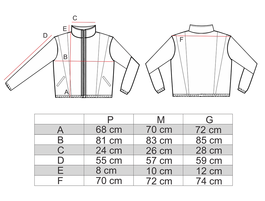 Tabela de medidas jaqueta nylon raios