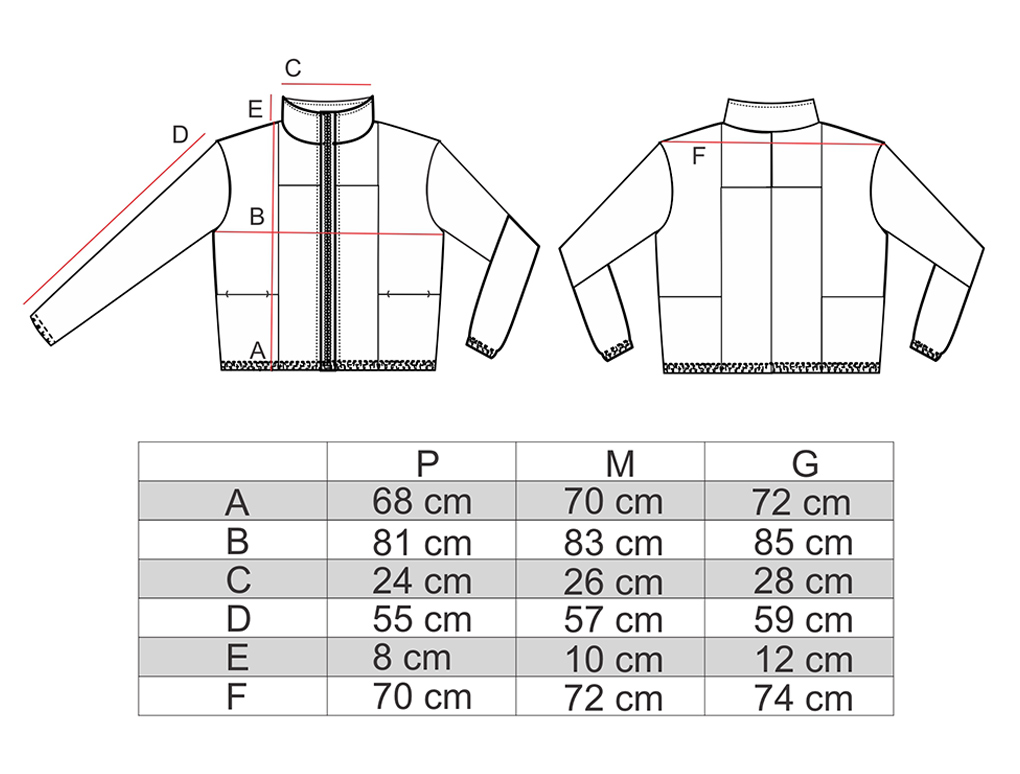 Tabela de medidas jaqueta nylon recortes
