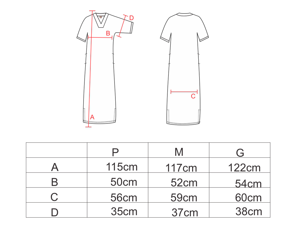 Tabela de medidas da túnica em viscose