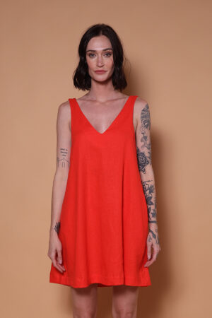 Vestido linho evasê laranja