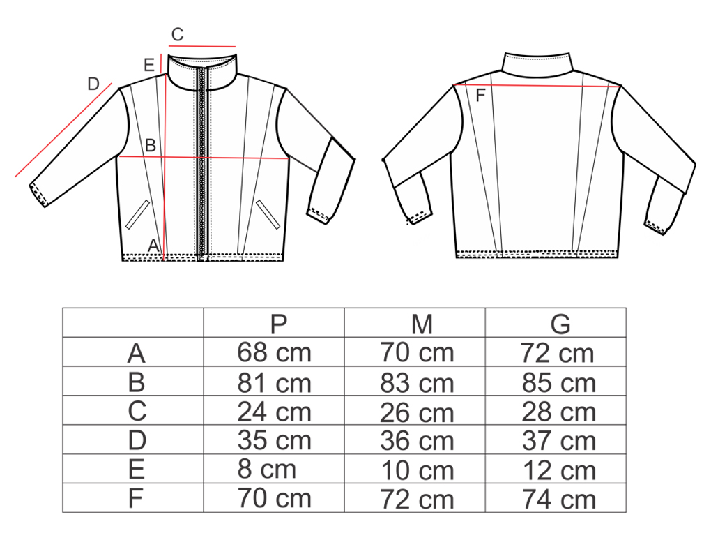 Tabela de medidas para a jaqueta oversize AMP