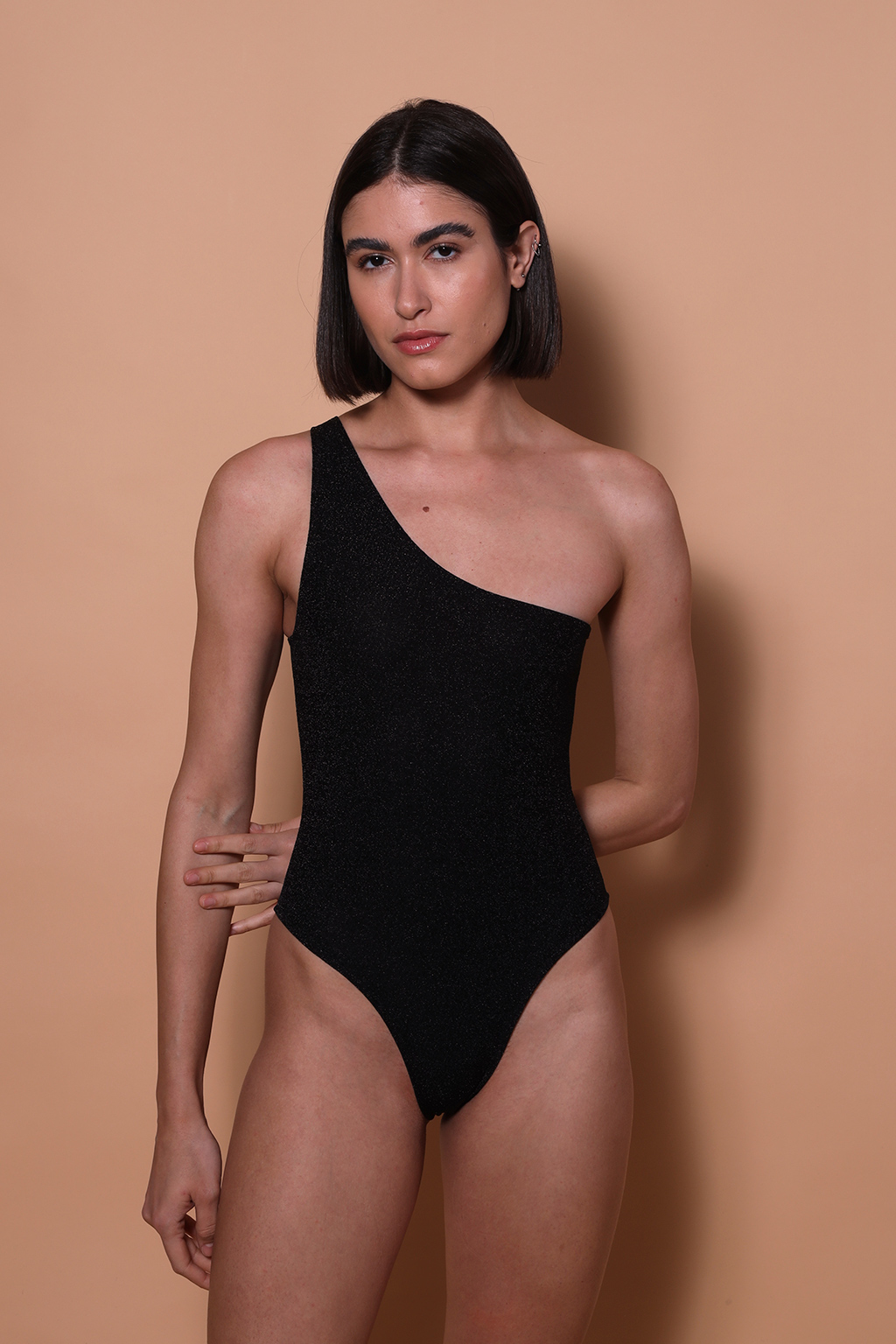 Body ombro único lurex preto