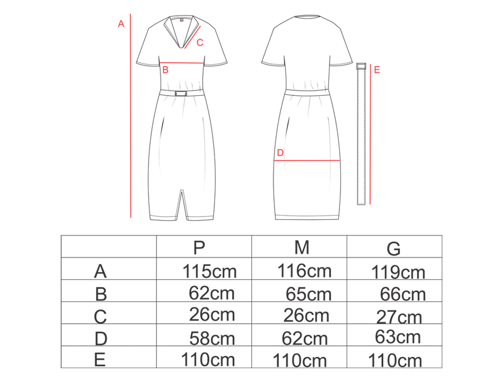 Tabela de medidas para o vestido midi com cinto AMP