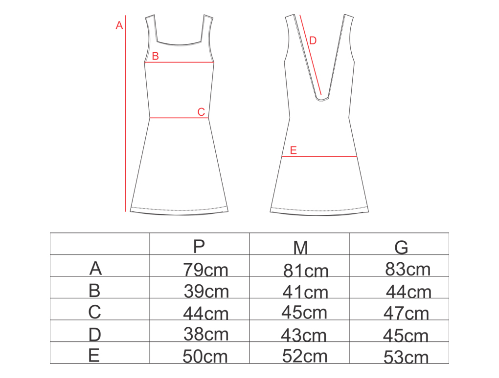 Tabela de medidas para o vestido curto regata AMP