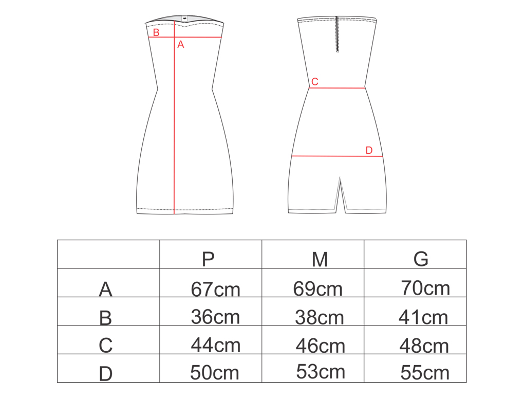 Tabela de medidas para o vestido sem alça AMP
