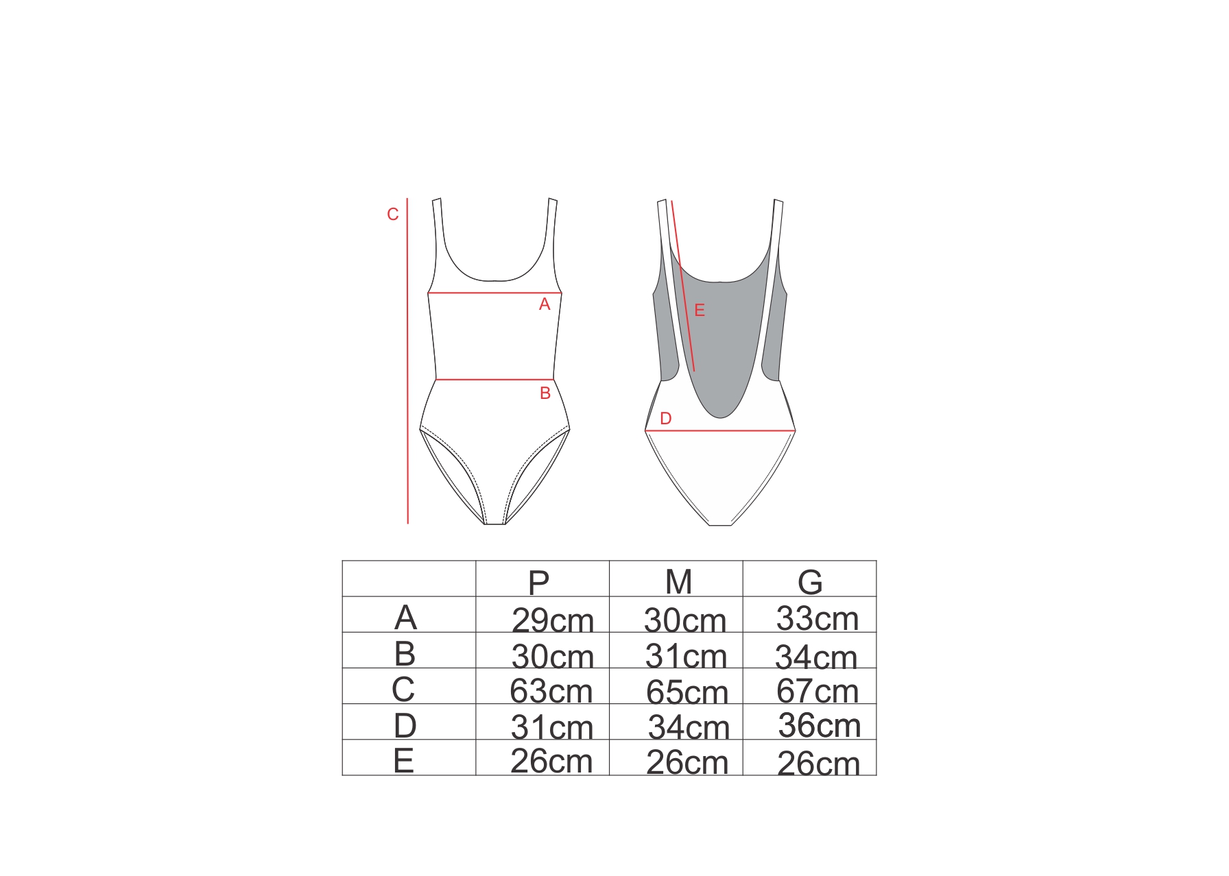 Tabela de medidas para o body alças finas AMP