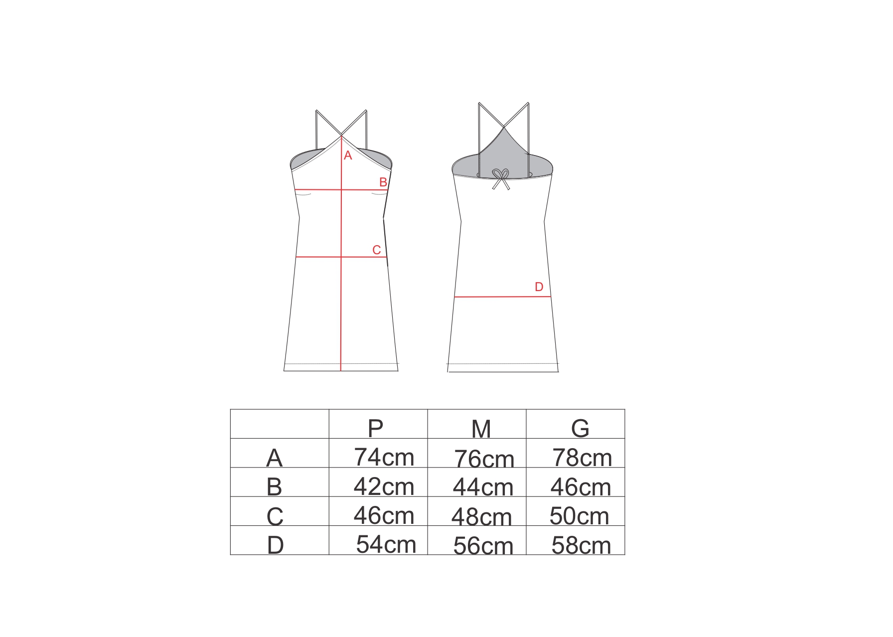 Tabela de medidas para o vestido curto alça cruzada AMP