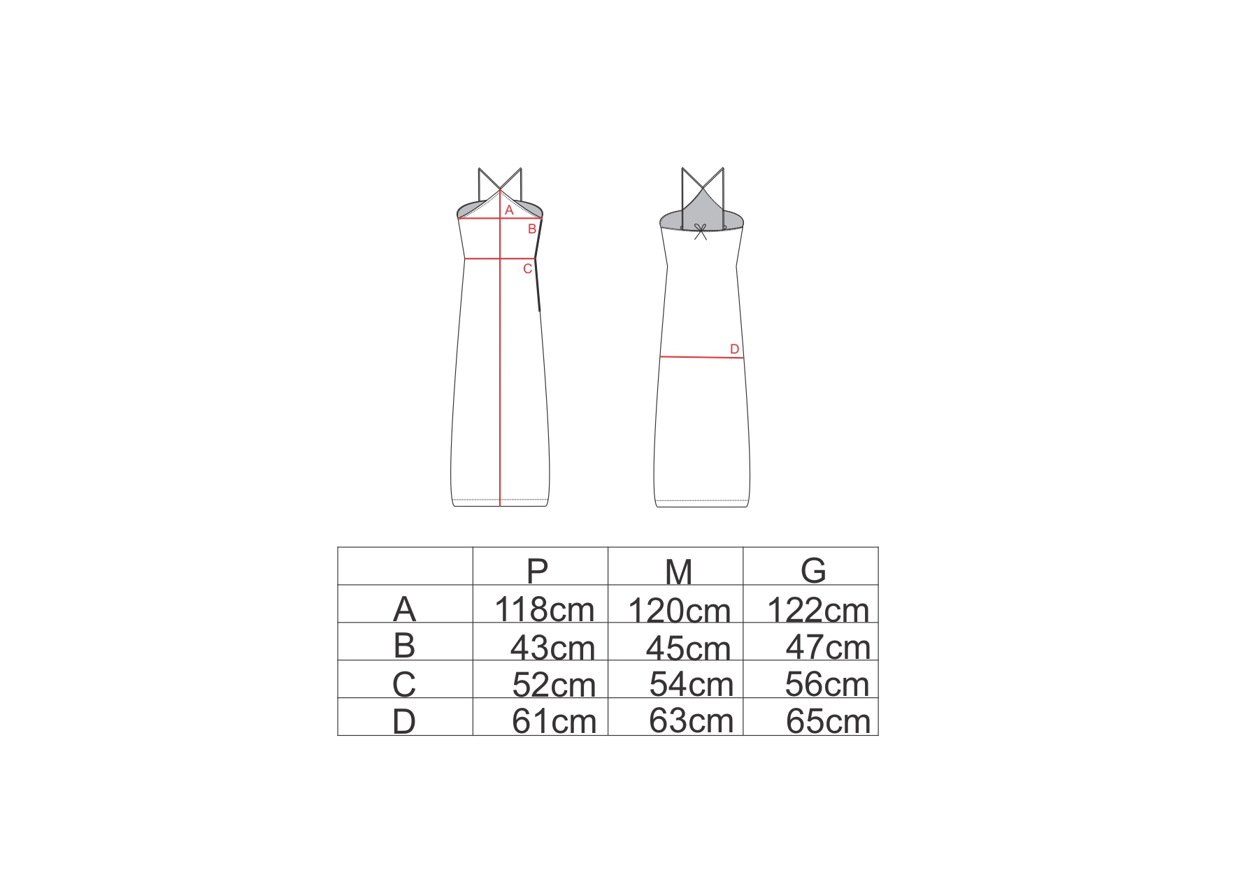 Tabela de medidas para o vestido longo alça cruzada AMP