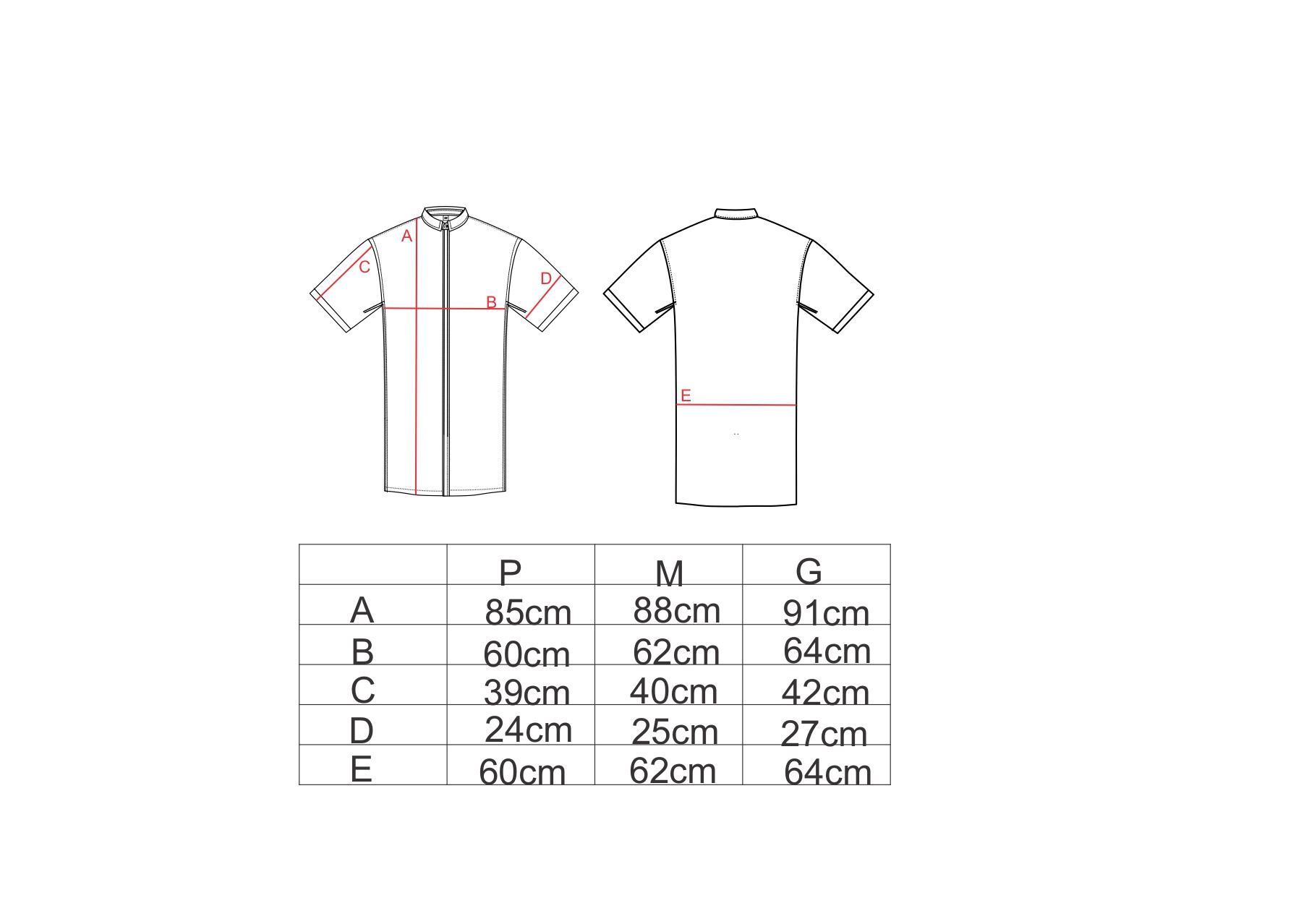 Tabela de medidas para o vestdio camisa AMP