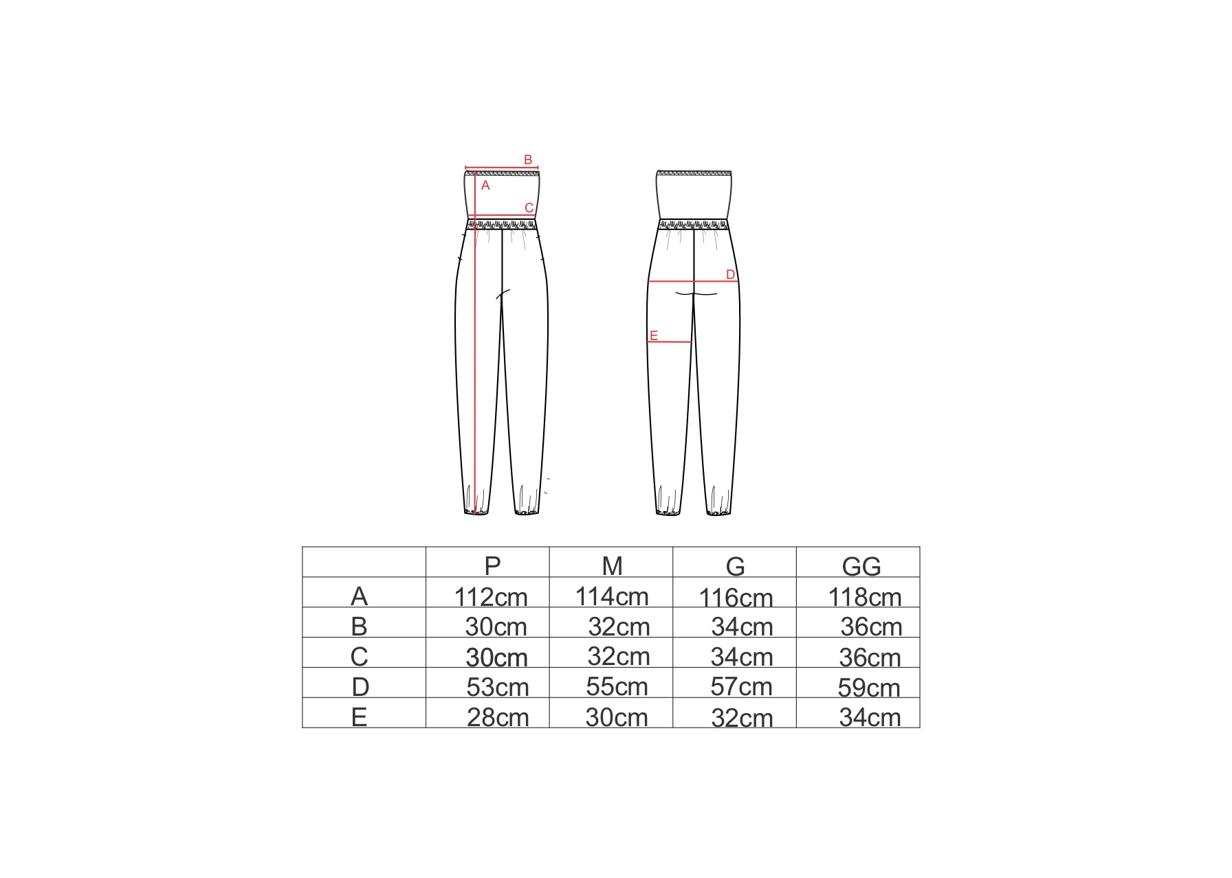 Tabela de medidas para o macacão jogger AMP