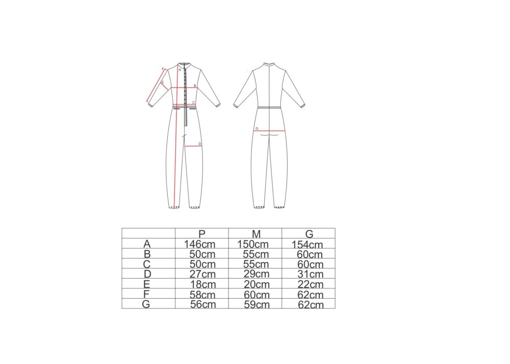 Tabela de medidas para o macacão manga longa AMP