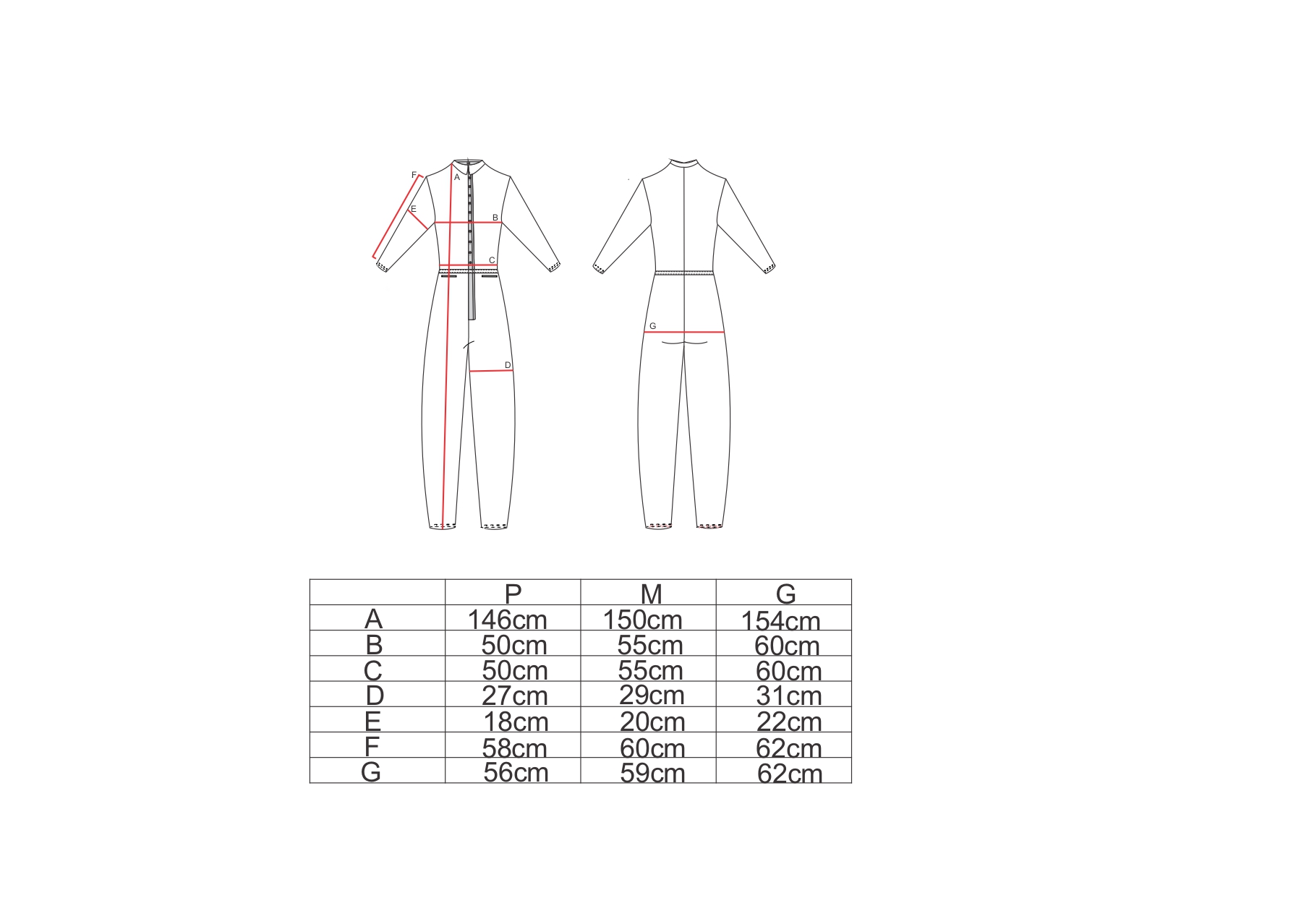 Tabela de medidas para o macacão manga longa AMP