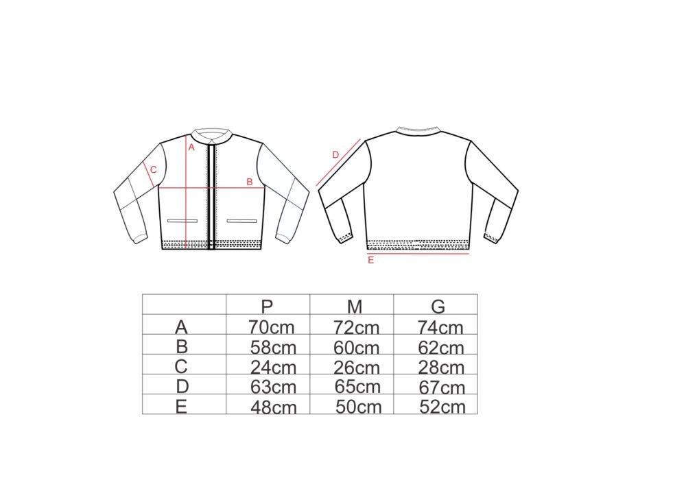 Tabela de medidas para a jaqueta flanela AMP