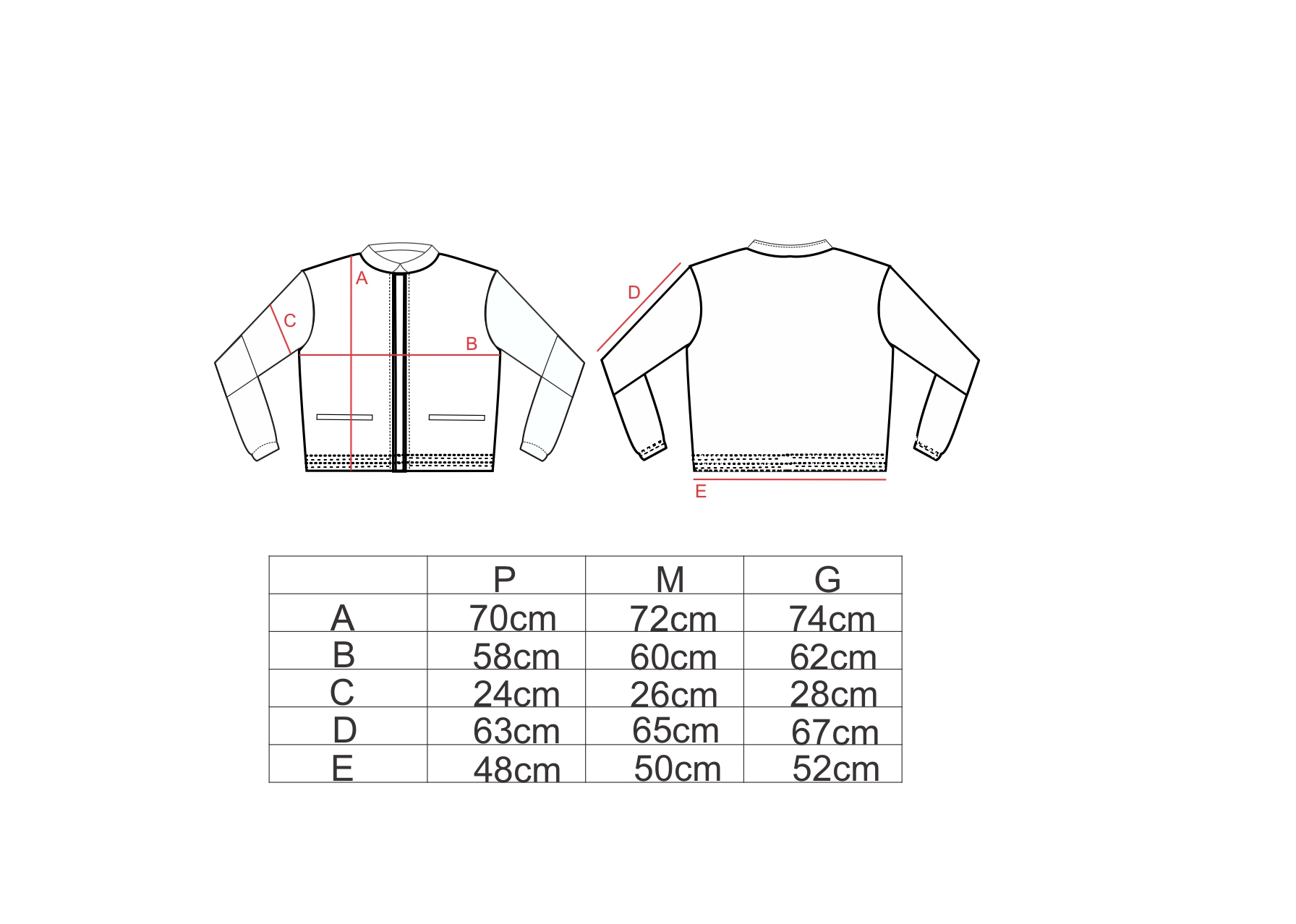 Tabela de medidas para a jaqueta flanela AMP