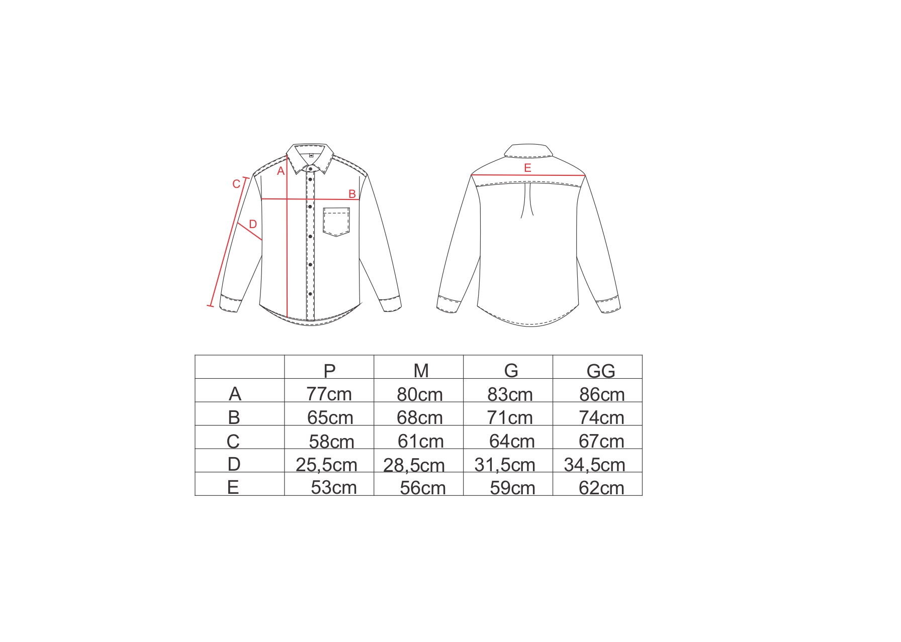 Tabela de medidas para a camisa manga longa AMP