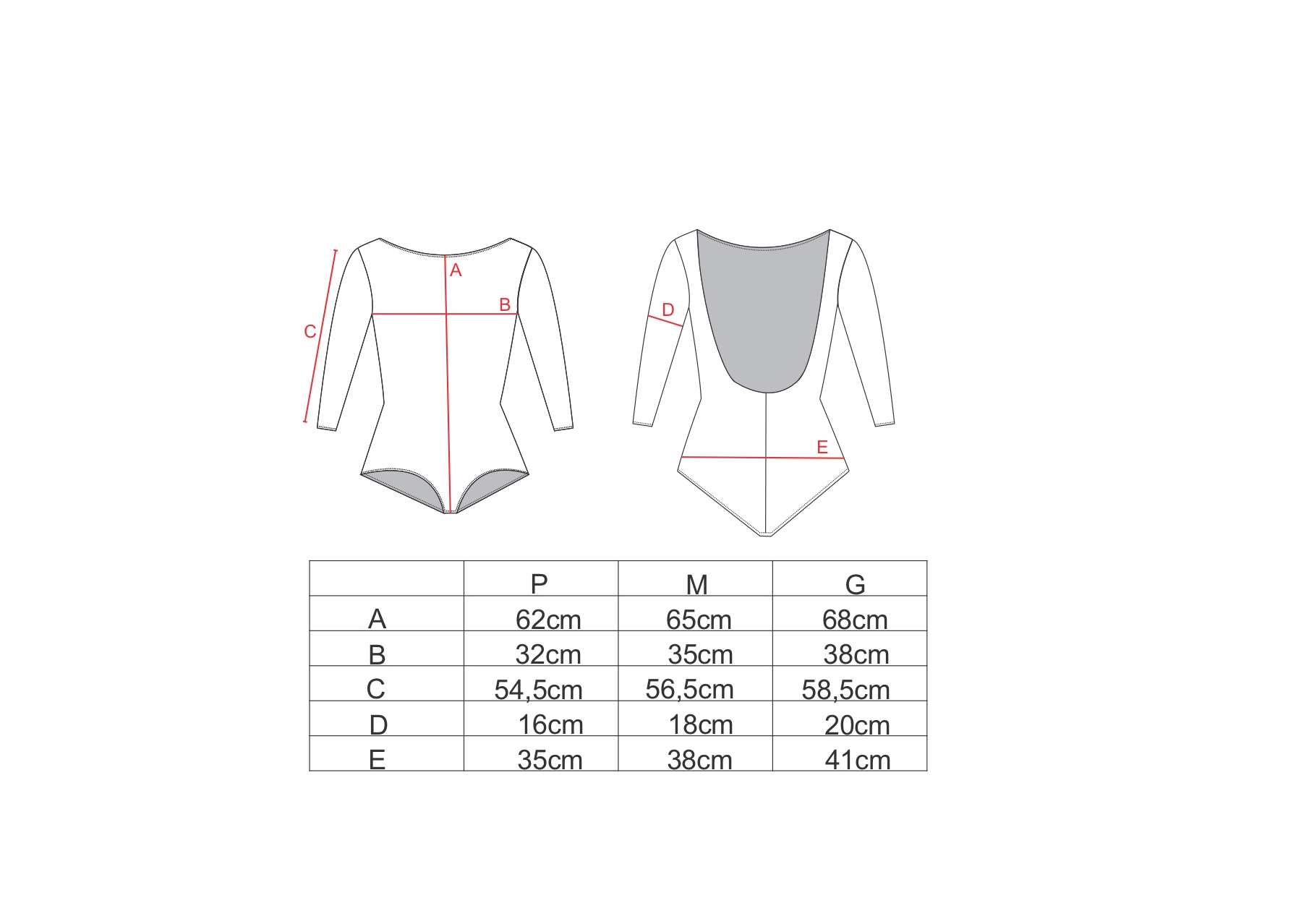 Tabela de medidas para o body manga longa AMP
