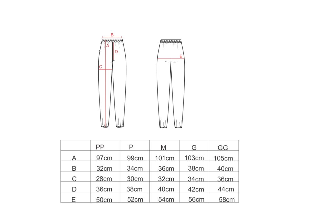 Tabela de medidas para a calça jogger moletom AMP