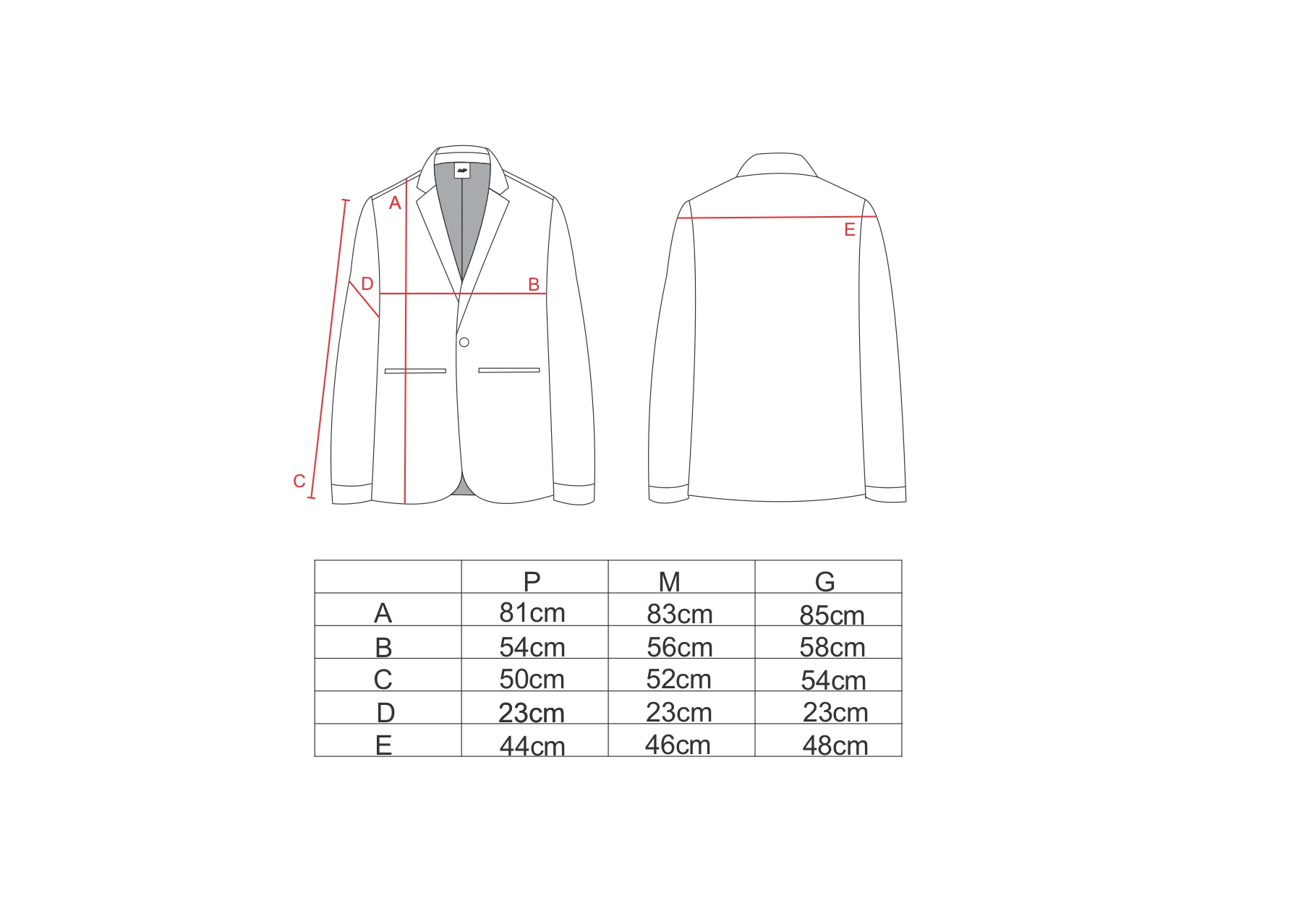 Tabela de medidas para o blazer AMP