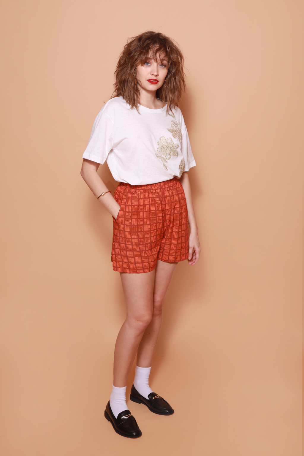 Short evasê estampado Lámen vermelho