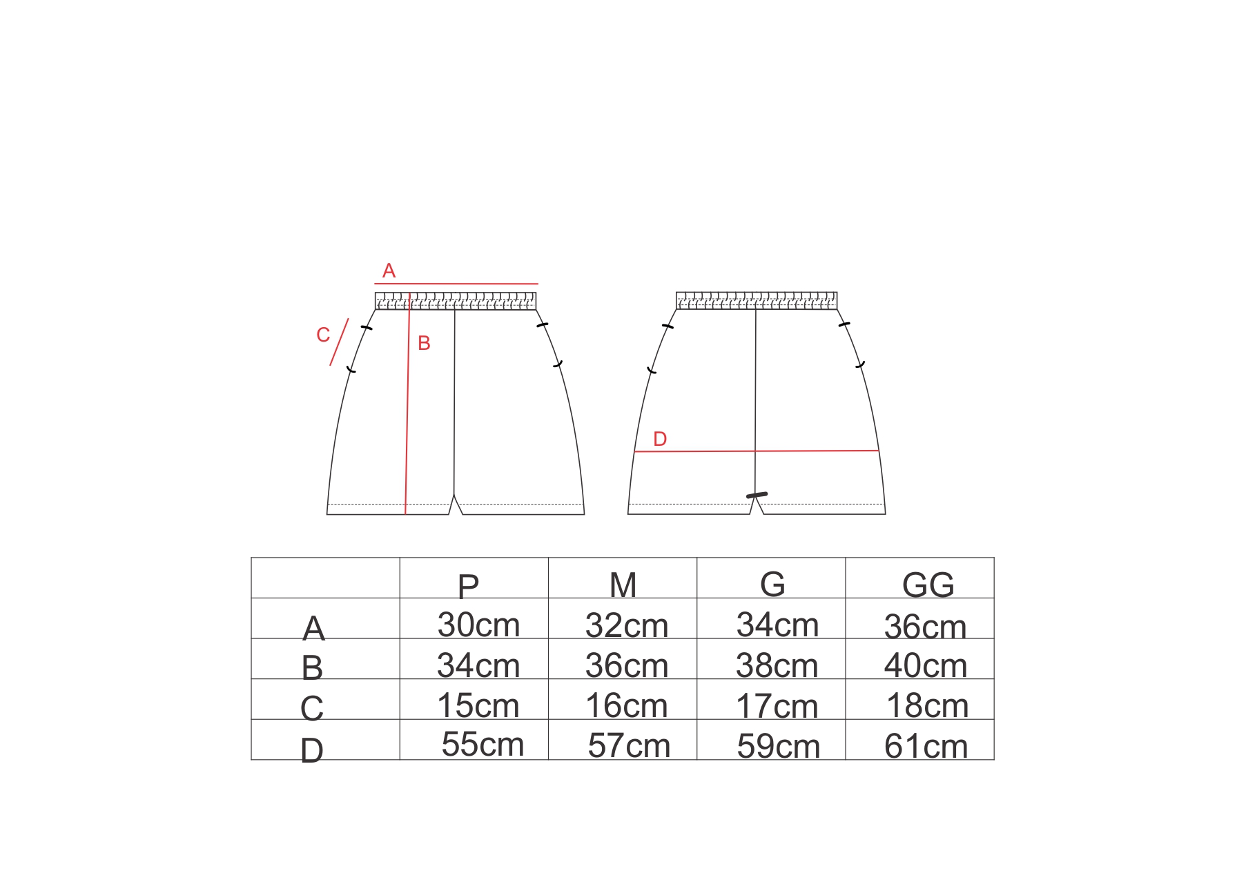Tabela de medidas para o short evasê