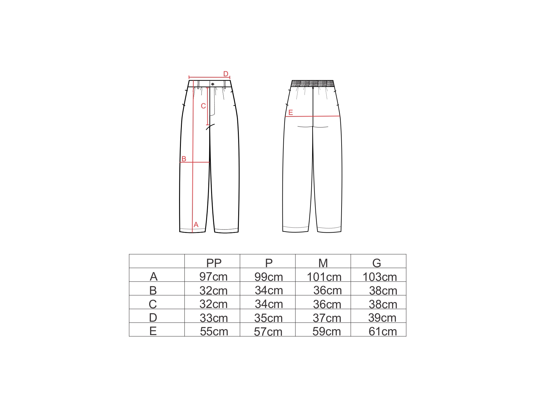 Tabela de medidas para a calça alfaiataria AMP
