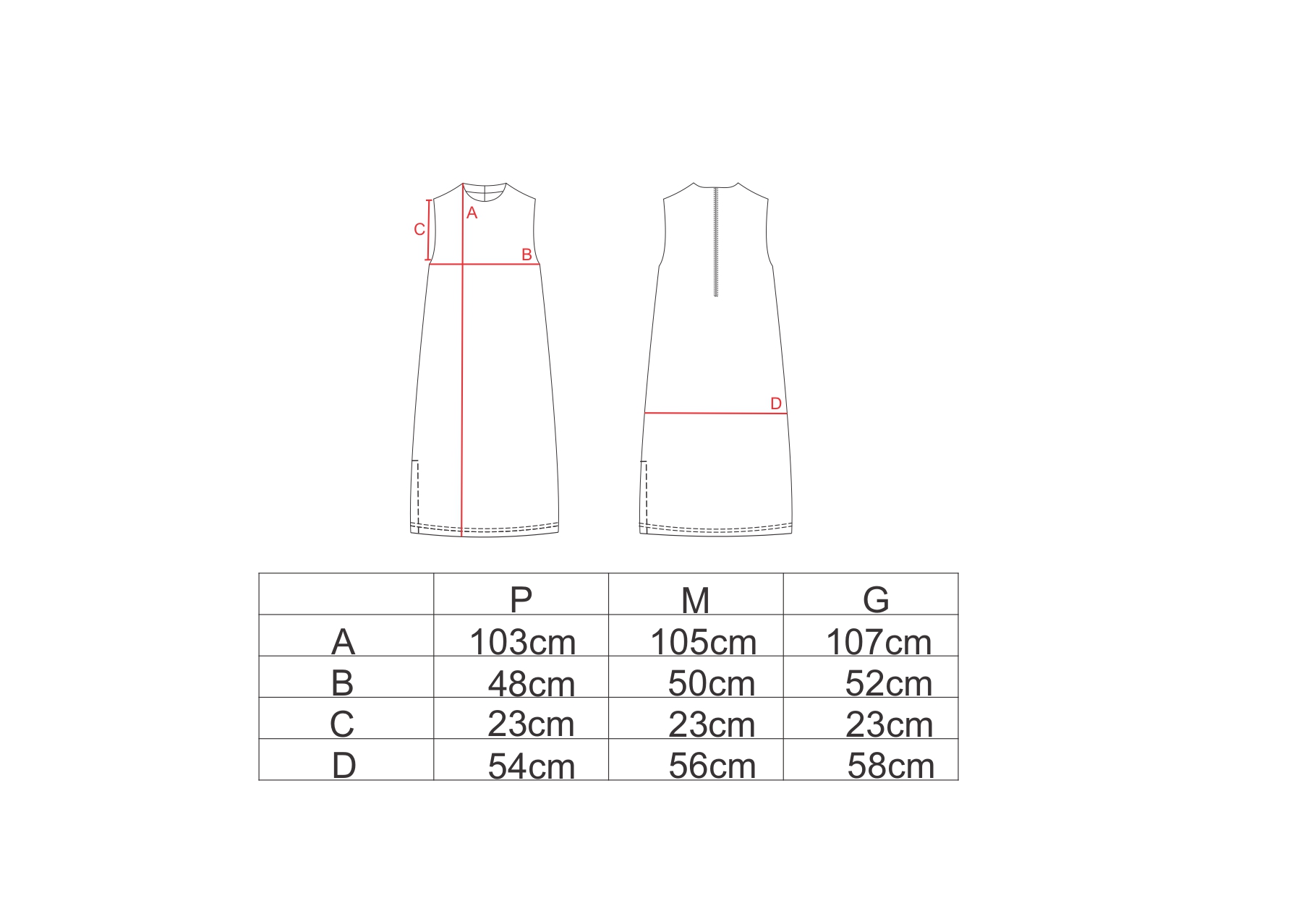 Tabela de medidas para o vestido regata longo AMP