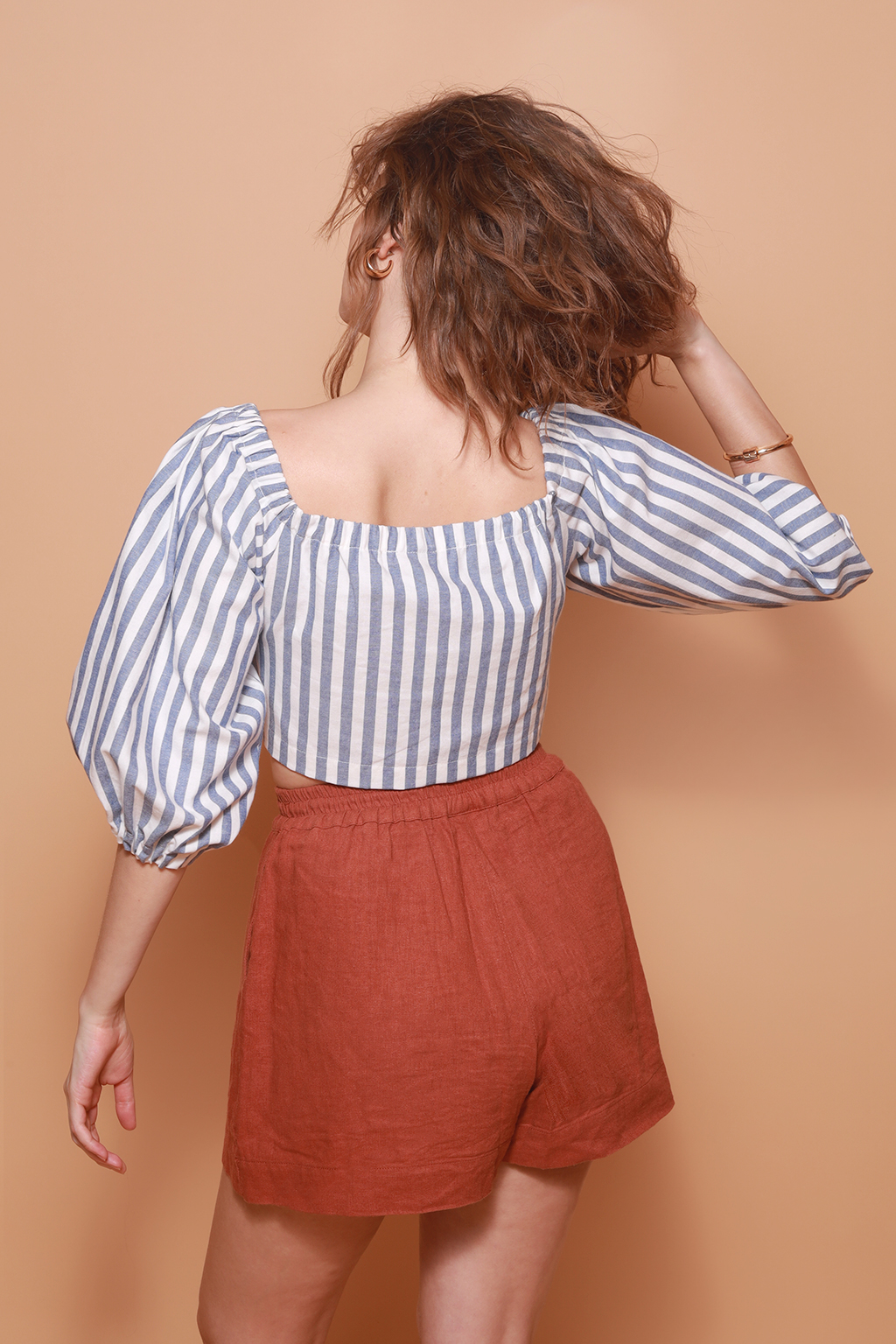 Top manga bufante listrado