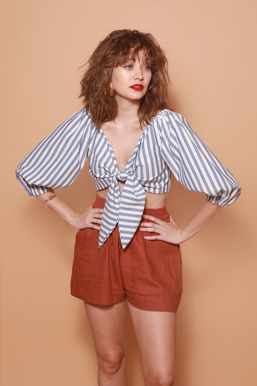 Top manga bufante listrado