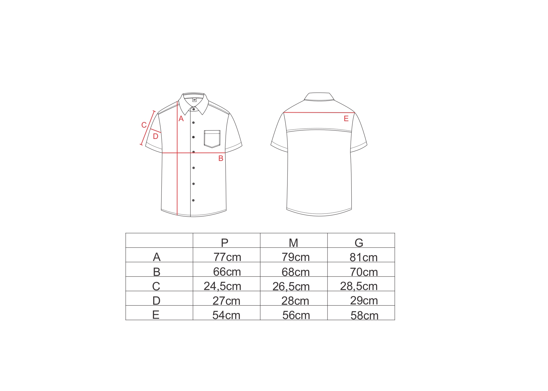 Tabela de medidas para a camisa ampla AMP