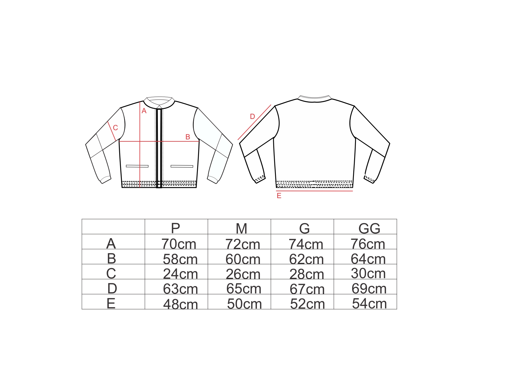 Tabela de medidas para a jaqueta capuz AMP