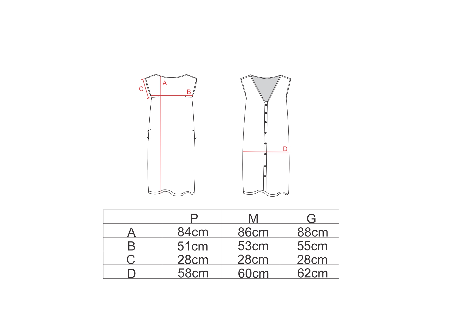Tabela de medidas para o vestido botão curto