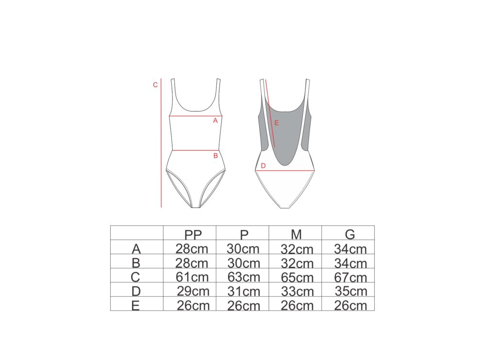 Tabela de medidas para o body alcinha com PP AMP
