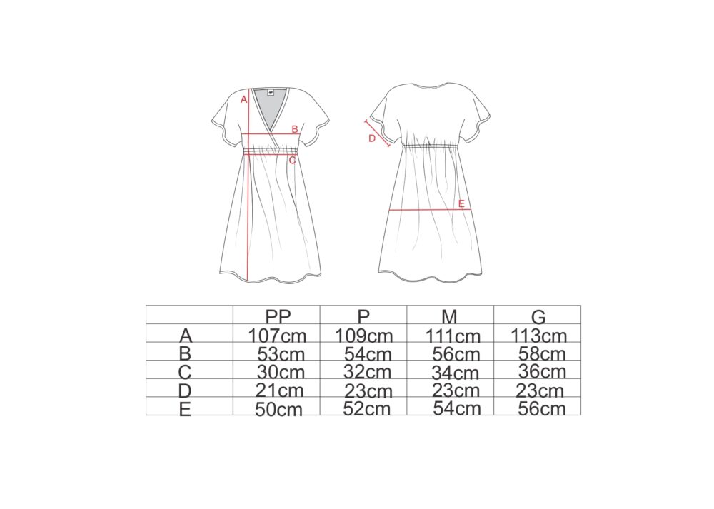 Tabela de medidas para o vestido transpassado com PP AMP