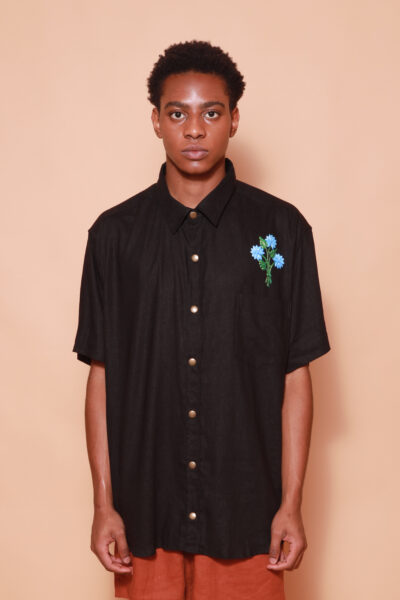 Camisa linho ampla preta Flor DTF